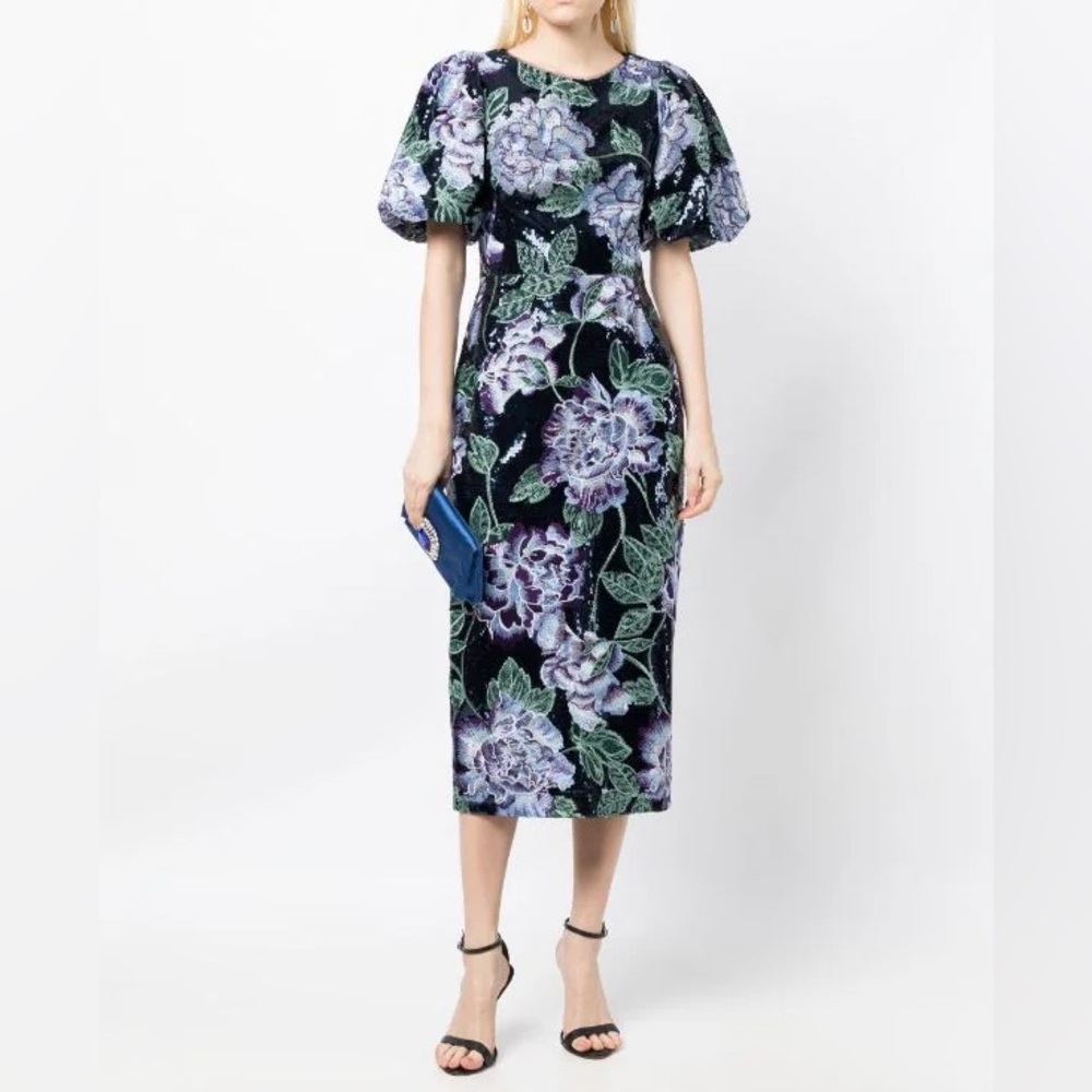 MARCHESA NOTTE NAVY FLORAL EMBROIDERED BUBBLE SEQUIN MIDI DRESS - Picture 1 of 8